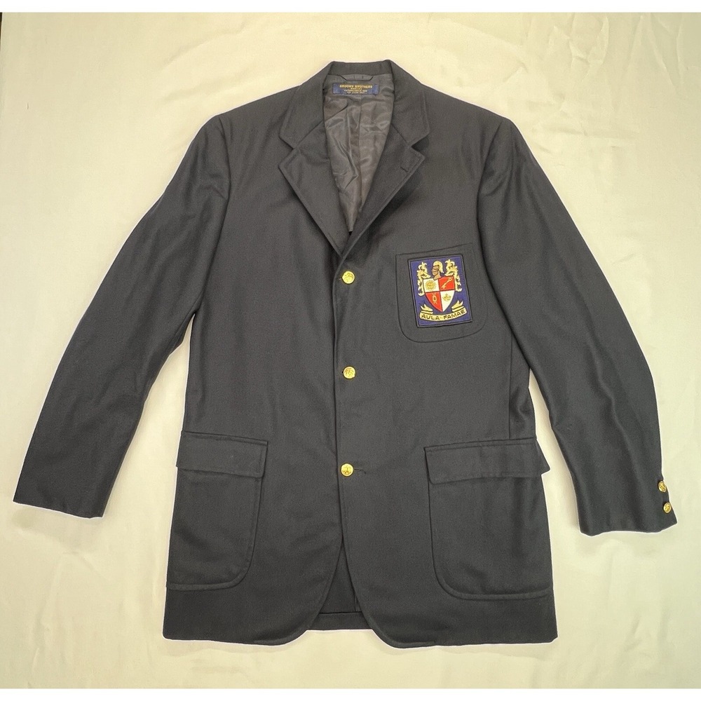 Brooks Brothers Navy Blue Blazer With Crest Latin Embroidered Patch Sz 40-42
